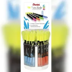 Pentel Textmarker Twin Checker, Thekendisplay, 7 Stück gelb/orange + gelb/blau, 8 Stück gelb/grün + gelb/pink, VE = 1 Display = 30 Stück