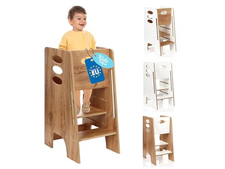 Kitchen Kids Helper Lernturm ab 1 Jahr - Höhenverstellbarer Lernturm Montessori Eiche 80cm - Sicherer Learning Tower für Kinder - Ideal für Küche & Bad - Stabile Konstruktion - Leichter Aufbau