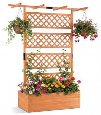 Costway Wooden Planter Box with Lattice Trellis Raised Garden Bed Privacy Screen with Flat Roof-Orange