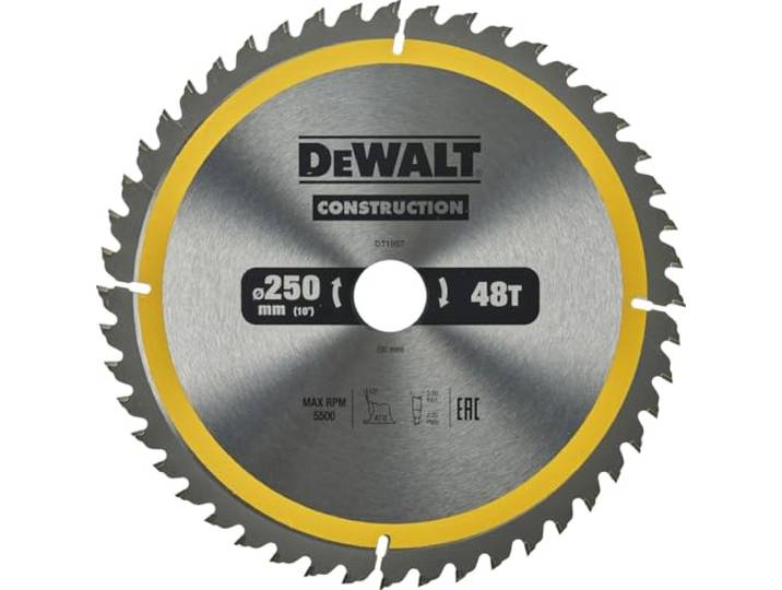 Dewalt Bouwcirkelzaagblad, Voor Stationaire Zaag/Cirkelzaagblad (250/30 mm 48WZ, Universeel Gebruik En Dwarsdoorsnede), DT1957-QZ, Geel, Eén maat