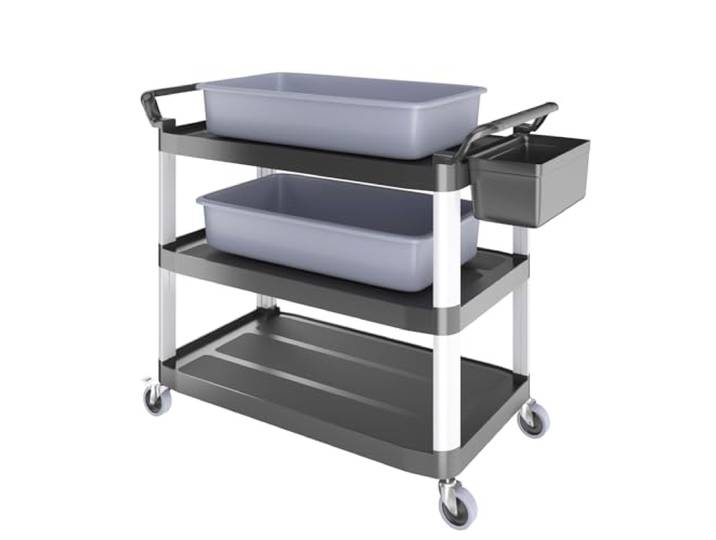 BLV servierwagen Kunststoff mit Rollen,Küchenwagen mit 3 böden,Restaurant Reinigungswagen mit Auffangbecken für Lebensmittelabfälle und Messer und Gabel Eimer (94H×87B×43T)