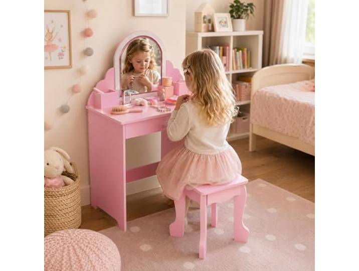 GarveeMore Kinderschminktisch mit Spiegel und Hocker, Robustes Holz Schminktisch Mädchen mit Beleuchtung & Spielzeug-Schminkset, Wellenrand Kosmetiktisch Kinder Möbel 3-9 Jahre, Rosa