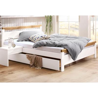Massivholzbett OTTO HOME "CAPRE" im skandinavischem Landhausstil", weiß (weiß, eichefarben), B:209,5cm L:208cm, Betten, Massivholzbett, mit Rollrost, aus zertifiziertem Massivholz, Lamellenoptik