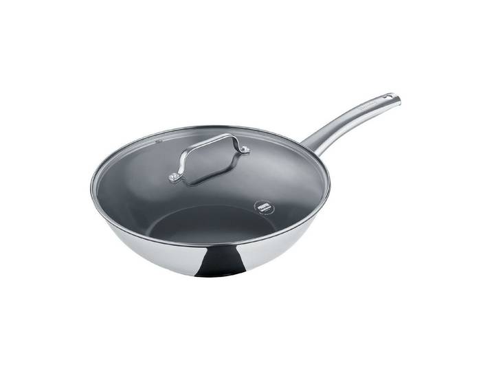 Berndes Wok Wokpfanne 30 cm aus Edelstahl mit Glasdeckel, Edelstahl