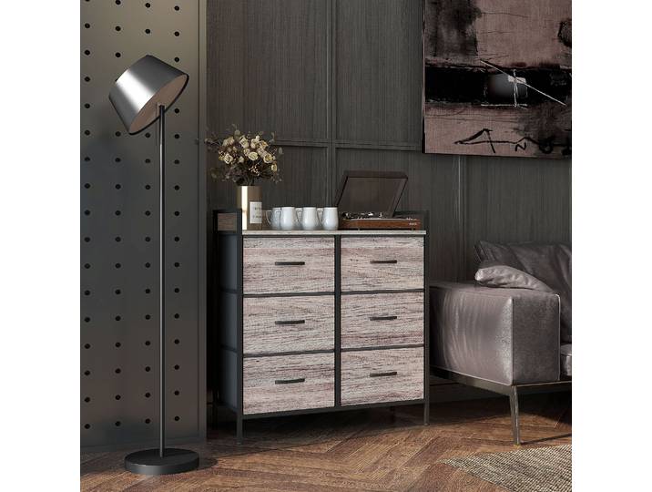 HOMCOM Commode 6 Tiroirs Tissu Acier Style Industriel Gris