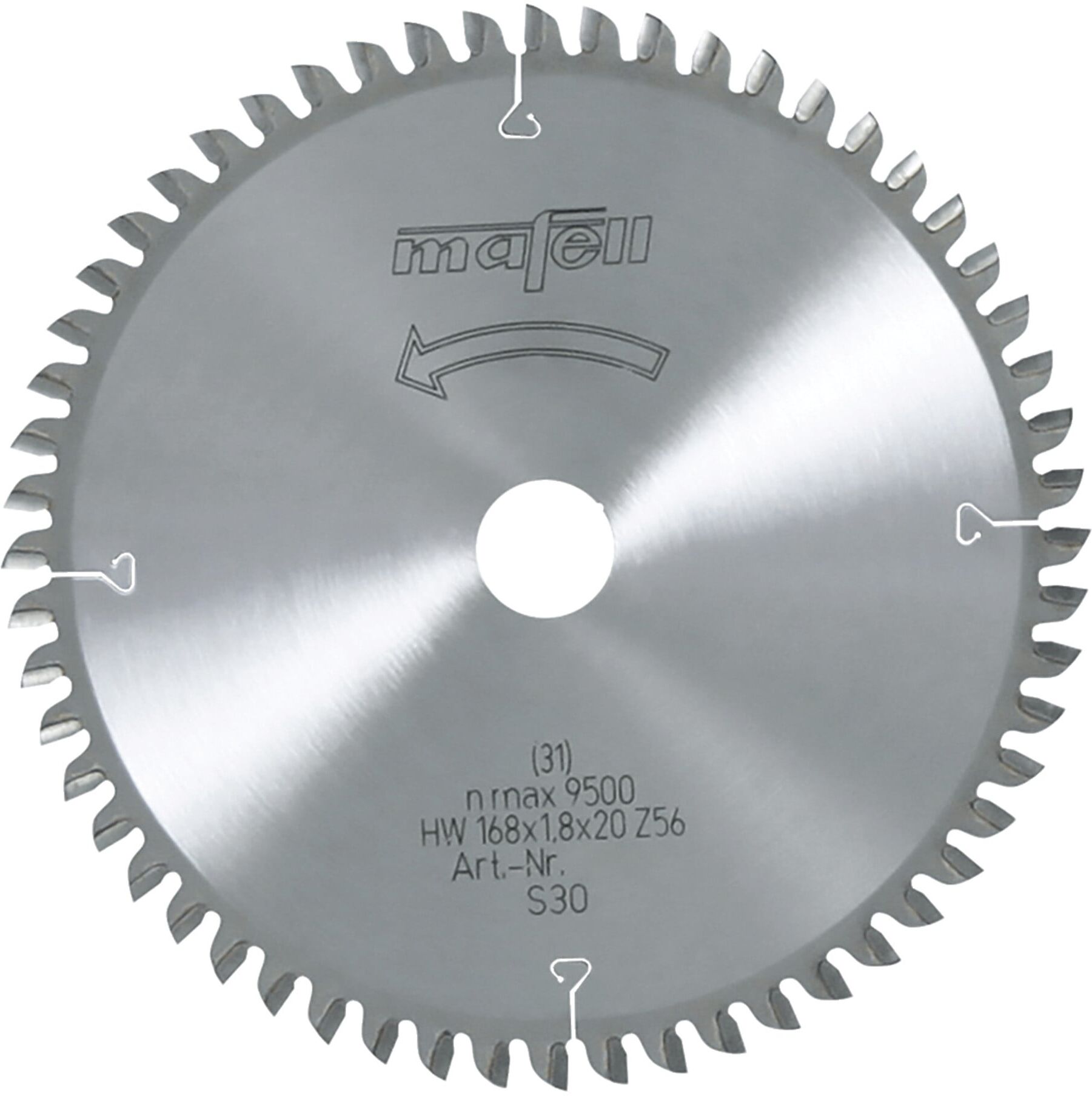 Mafell Sägeblatt-HM, 168 x 1,2/1,8 x 20 mm, Z 56, WZ, für Querschnitte in Holz (092482)