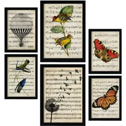 POSTER Set Mit 6 Noten Vintage Papier Stil Plakate Mit Enzyklopädie Hintergründen Natur Und Flug, Vögel Und Schmetterlinge A3 & A4 Schwarzer Rahmen