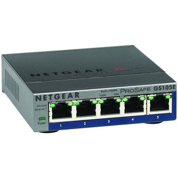 Netgear GS105E Managed Switch 5 Port Gigabit Ethernet LAN Switch Plus (Netzwerk Switch Managed, IGMP, QoS, VLAN, lüfterlos, robustes Metallgehäuse), Grau