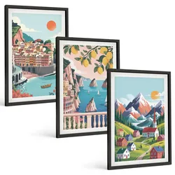 BILDER SET 3er Set - 40x60 cm Schwarzer Rahmen - Farbenfrohe Berge und Städte