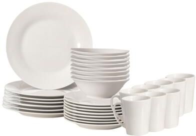 Dinewares 16 PC Rimmed Dinnerware Set for 4 Person, Mugs, Salad and Dinner Plates and Bowls Sets, White