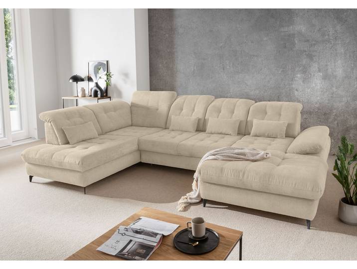 Ecksofa HOME AFFAIRE Delphino, Multifunktionen, 358 x 216 cm, modern & bequem , beige, B:358cm T:216cm, 100% Polyester, Sofas, Ecksofa, Microfaser, L-Form, Bettfunktion, Nierenkissen, Verstellungen