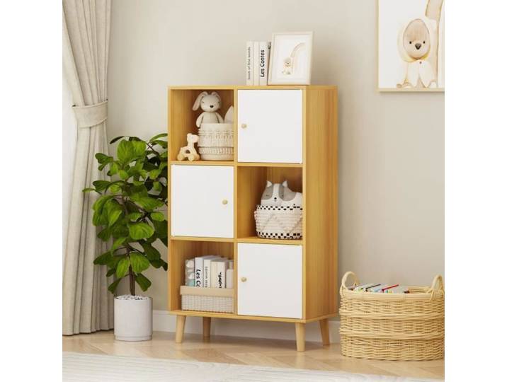 Bibliothèque - DHHOZAMZ - Étagère de Rangement 6 Compartiments - Couleur Chêne Naturel - ieds effilés inclinés