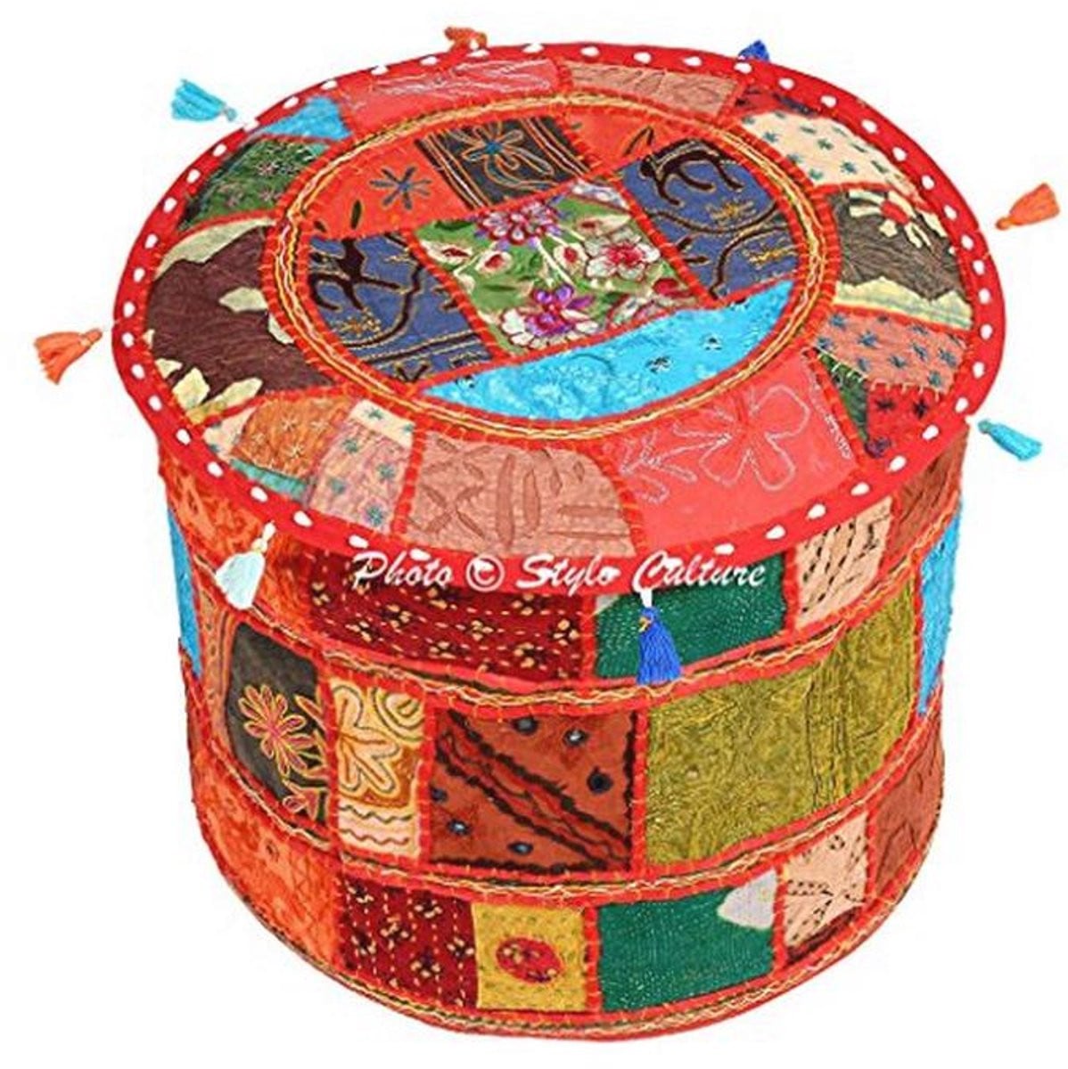 Ronde Vintage Patchwork Poef Cover van Katoen voor je Woonkamer