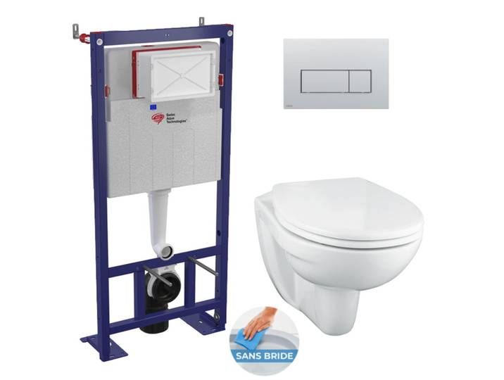 Pack WC Bâti-support autoportant + WC Porcher sans bride + Abattant Astor + Plaque Chrome mat (SMART-Porcher-M572)