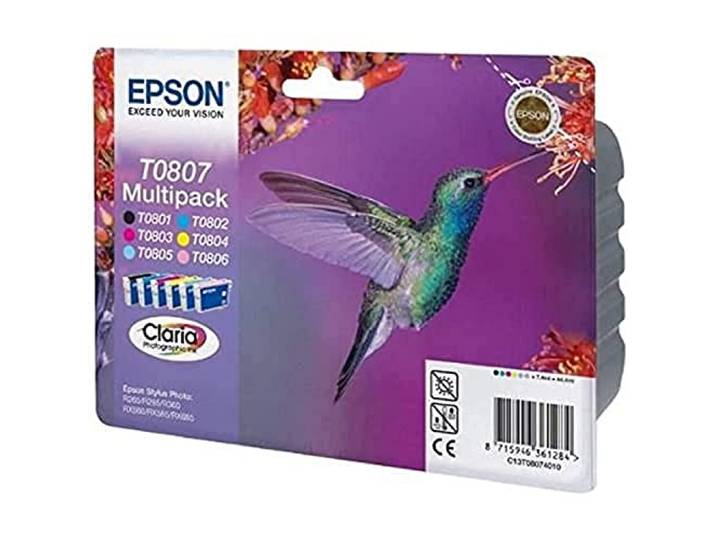 Epson Multipack T0807 Colibri\, Cartouches d'encre d'origine\, 6 couleurs: Noir\, Cyan\, Magenta\, Jaune\, Cyan clair\, Magenta clair\, R265 R285 R360 RX560 RX585 RX685 P50 PX650W PX660W PX700W PX710W PX720WD