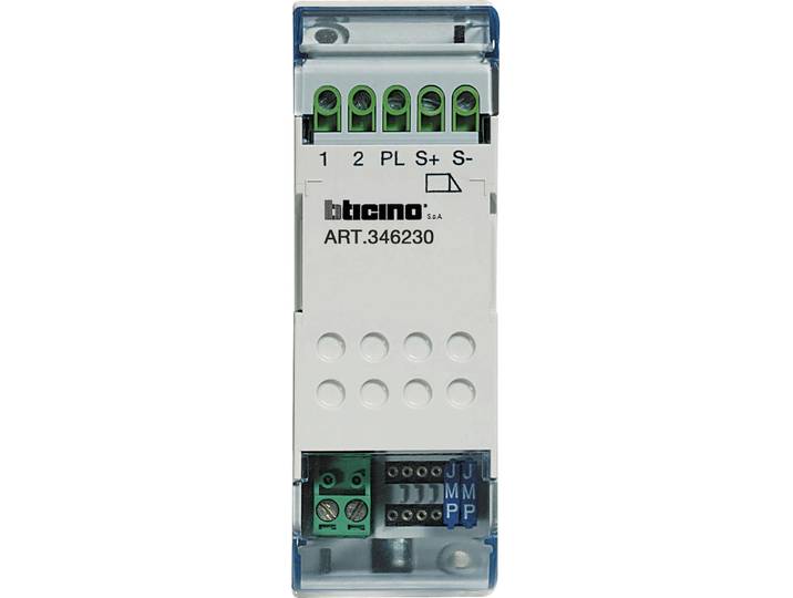 Relais BTICINO pour commandes d'ouverture de porte dans interphones à 2 fils\, 2 TE DIN\, 1 pièce.