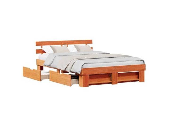 PUGYNBK Bettgestell mit Kopfteil, Braun, Wachs, 160 x 200 cm Massives Kiefernholz, integrierte Schubladen, Höhe 31 cm, pflegeleicht