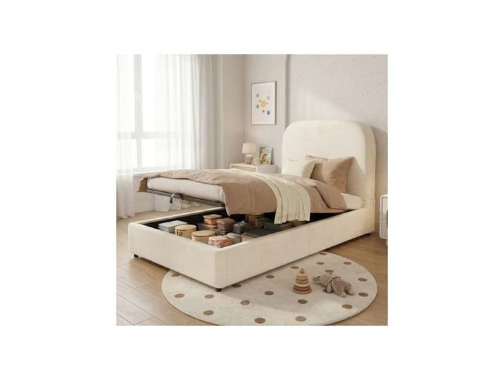 Lit enfant - Lit 90x190 - Coffre hydraulique - Velours beige - Sommier inclus