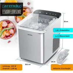 Arendo Eiswürfelmaschine 150 W, Ice Maker 1,1 l, max. 12 kg Eis pro Tag, 2 Grössen, Eisherstellung, Silber