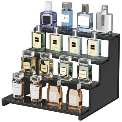 Inspired Living Tiered Dark Wood Perfume Organizer Stand 3 Step Cologne Display Stand For Vanity & Skincare Storage 1 Set 12 Inch