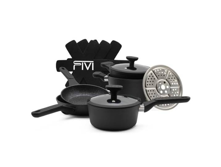 FIVI Kochgeschirr-Set 12-teilig SOPHIA, GUIDO, KURT, UTZ, ALICE mit Glasdeckeln Verschiedene Größen&vielseitige Einsatzmöglichkeiten 100% recyceltes Aluminium STONELINE® alle Kochfelder geeignet