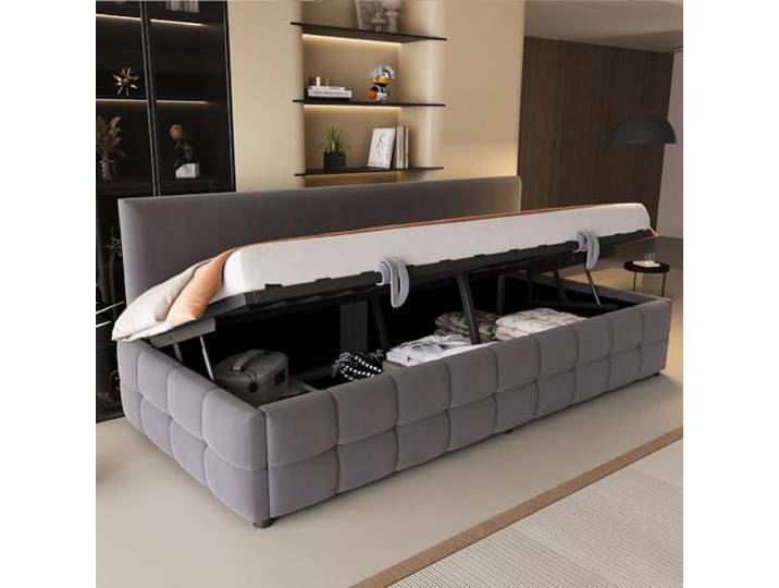 FAVSH Polsterbett 90x200 cm, Schlafsofa mit hydraulischem Stauraum, gepolsterter Rückenlehne, Lattenrost und Samtbezug, Multifunktionsbett für Jugend- und Gästezimmer, Dunkelgrau, ohne Matratze
