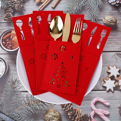 Multisell Products Hub Hollow Christmas Tree Snowflake Cutlery Bag, Rectangular Felt Knife And Fork Bag, Christmas New Year Table Decor Hollow Christmas Tree Snowflake Cutlery Bag, Rectangular Felt Knife And Fork Bag, Christmas New Year Table Decor