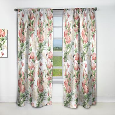DESIGN ART Designart 'Pink Flamingos With Tropical Flowers & Gold Leaves' Traditional Curtain Single Panel