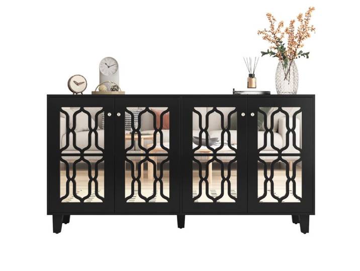 Buffet bas noir 4 portes effet miroir - MDF - 160 x 40 x 84 cm