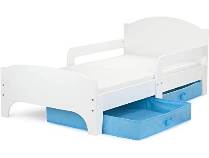 Leomark SMART Kinderbett 140x70 Weiß aus Holz, mit Matratze und Schubladen Außenmaß 143x77,5x58 cm, 10 cm Schaummatratze, Schutzleisten, Metalllattenrost, 12 mm Möbelplatte, 2 Textilboxen,