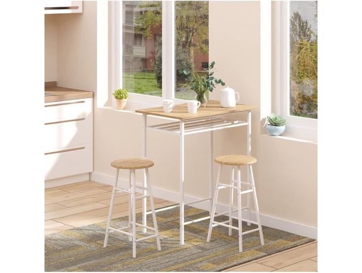 VUENOR Ensemble table de bar 3 pièces blanc et chêne avec 2 tabourets et étagère