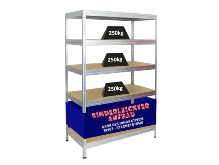PROREGAL Schwerlastregal Rivet HxBxT 180x120x60cm Fachlast 250kg, Innovatives Stecksystem, Verzinkt, Garagenregal, Lagerregal, Steckregal, Stahl, Kellerregal