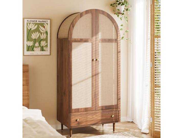 Terahanda Eleganter Kleiderschrank mit Stofftüren & Schublade, stabile Holzfüße, praktischer Stauraum für Kleidung & Accessoires – ideal für Schlafzimmer, Gäste- oder Ankleidezimmer (Holzfarbe)