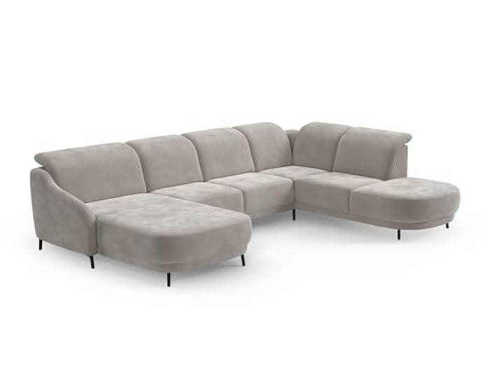 CAVADORE Wohnlandschaft Blue, Sofalandschaft mit Longchair im modernen Design, inkl. kopfteilverstellung, Vorziehsitz motorisch, Klapptisch, mattschwarzen Metallfüßen, Mikrofaser, Hellgrau