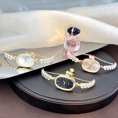 Youfap Market Best selling Elegant Leaf Embedded Diamond Quartz Watch, New Oval Pull Cord Fashion Bracelet rose