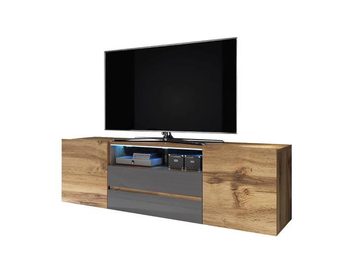 TV-Schrank Bros Wotan-Eiche / Grauer Hochglanz mit Beleuchtung