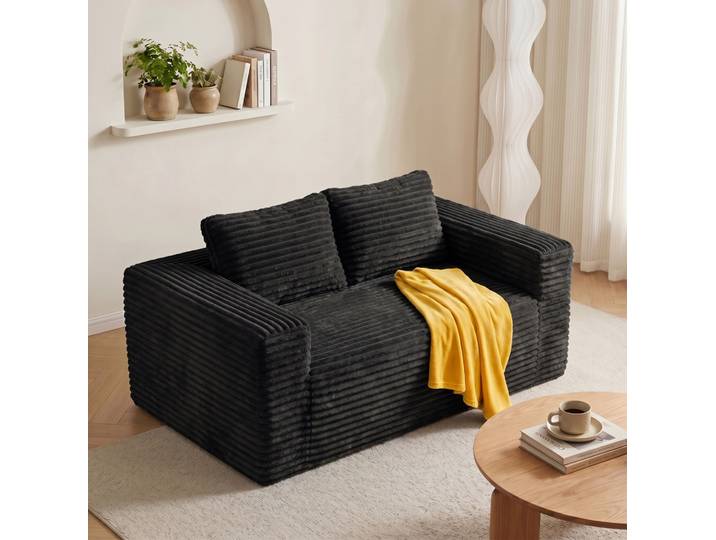Canapé Droit 2 Places 160cm\, Canapé 2 Places En Velours Côtelé Noir\, Mousse Haute Densité\, Pas De Montage Nécessaire\, Pour Salon Ou Studio