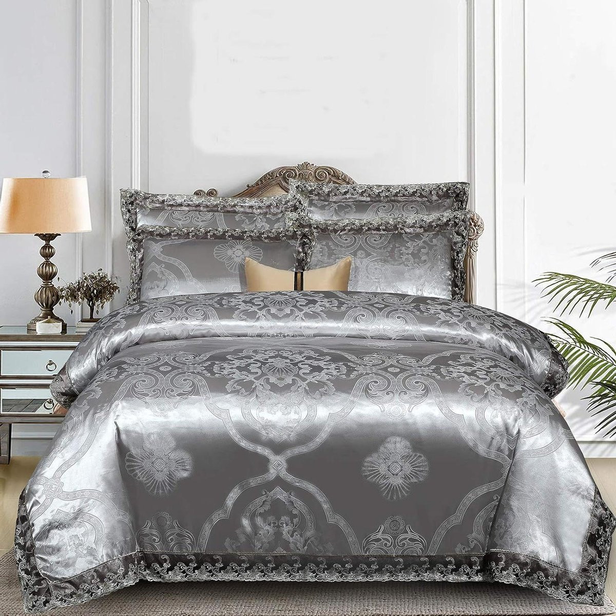 Grijs Jacquard Dekbedovertrek Set met Europees Kant Design, 200x200 cm