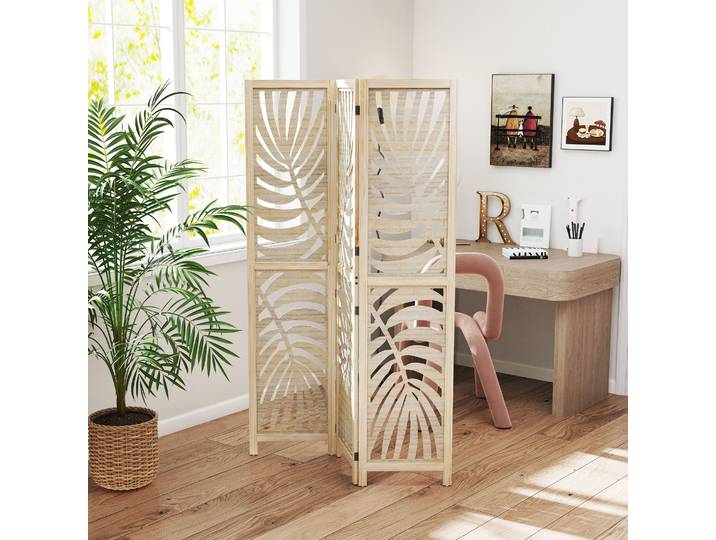 HOMCOM Paravent Bois 3 Panneaux 120x170cm Pliable Motif Feuille