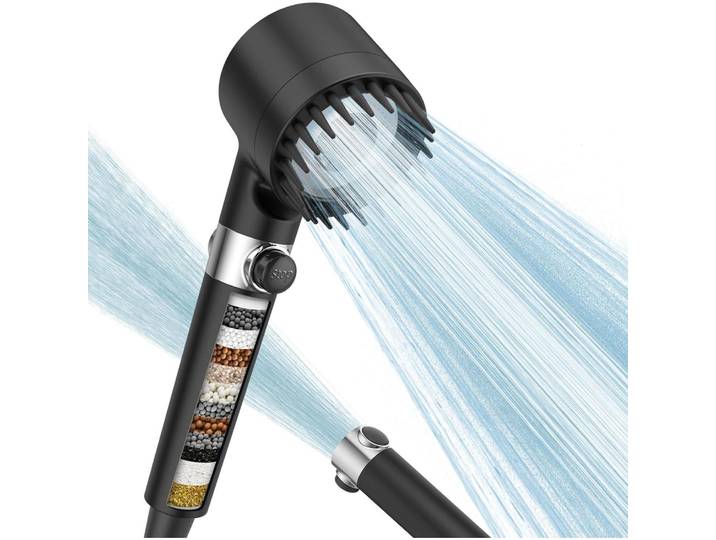 Hochdruck-Duschkopf mit Filter, 1,5m Schlauch, 4 Sprühmodi, 15 Filtrationsstufen, Schwarz