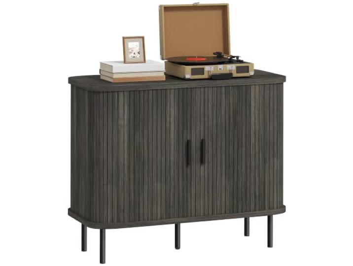 HOMCOM Mid-Century Modern Sideboard Aufbewahrungsschrank Stahlbeine Grau Lamellen-Schiebetüren, Küchenschrank