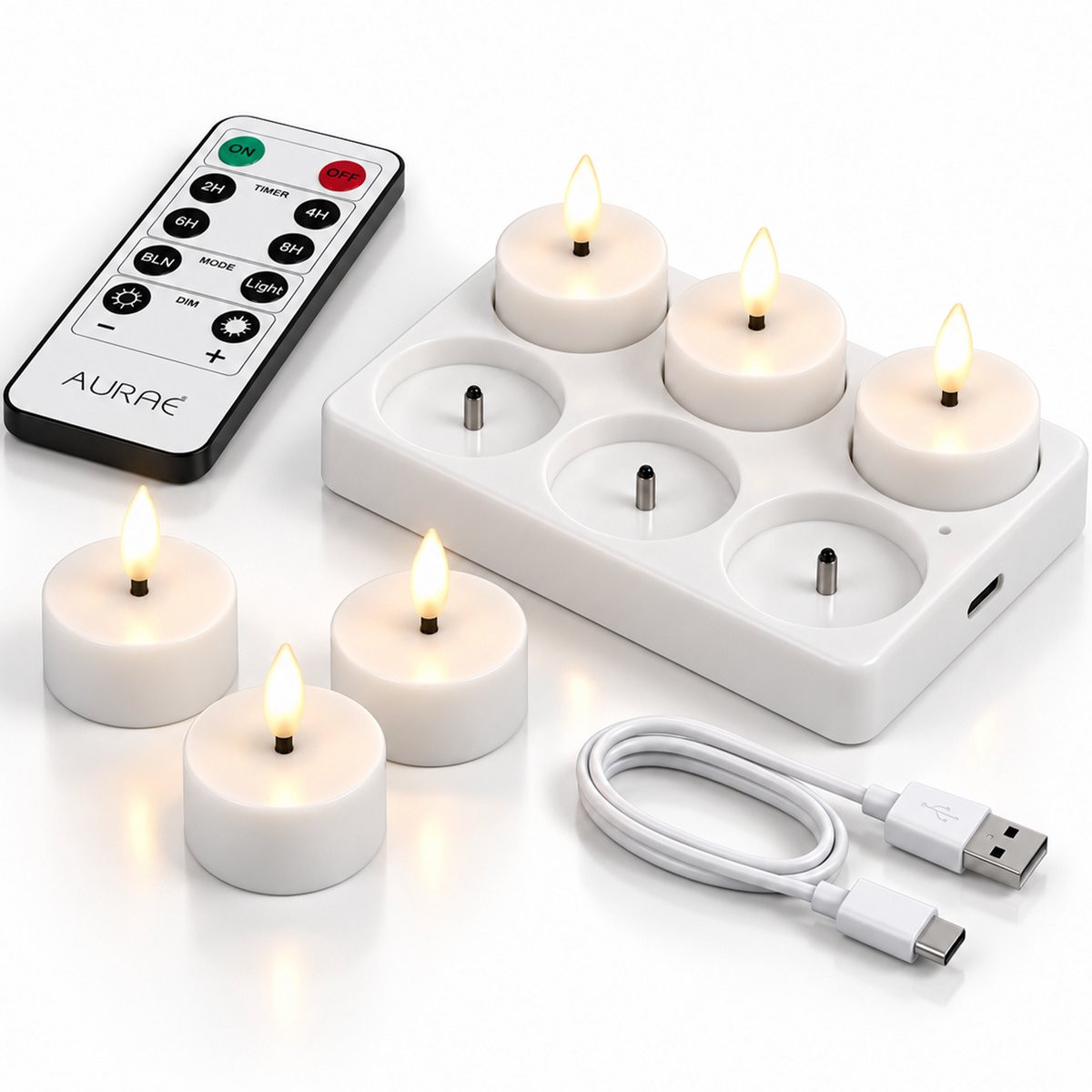 Aurae Oplaadbare Led Waxinelichtjes 6x met Afstandsbediening en Flikkerende Vlam