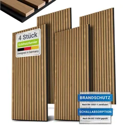Juskys Wandpaneele Akustik 4er Set 2,88 qm - Holzoptik & reduziert Hall und Lärm - Eiche Natur Dunkel