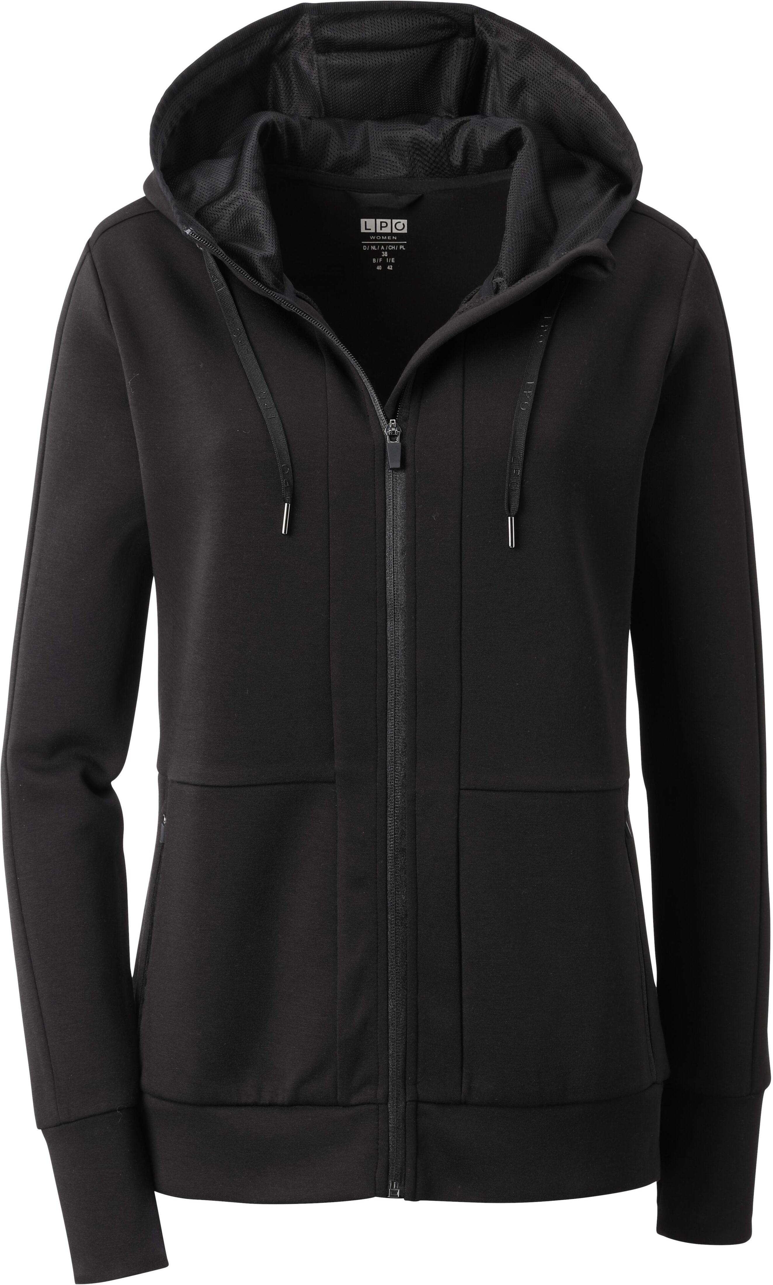 Fleecejacke LPO "Sportjacke Veloria", Damen, Gr. 40 (M), schwarz, Fleece, 47% Baumwolle, 46% Polyester, 7% Elasthan, regular fit hüftbedeckend, Raglanärmel mit Kordelzug, Jacken Fleecejacke, Angeschnittene Kapuze mit Kordelzug schwarz 40 (M)