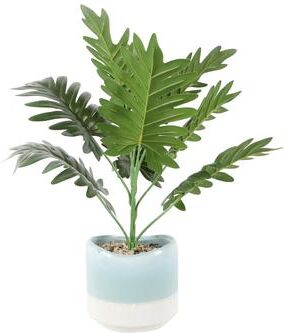 Flora Bunda "Tropical Faux Philodendron in Blue Ceramic Pot, 16"" Tall"