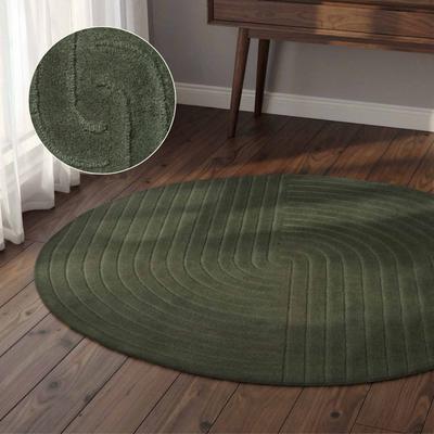 Wollteppich VIKOSA "Arcura", dunkelgrün, H:15mm Ø:200cm, Wolle, Teppiche, Wolle Handgemacht, Hoch-Tief-Effekt, Geometrisches Linien Wellendesign