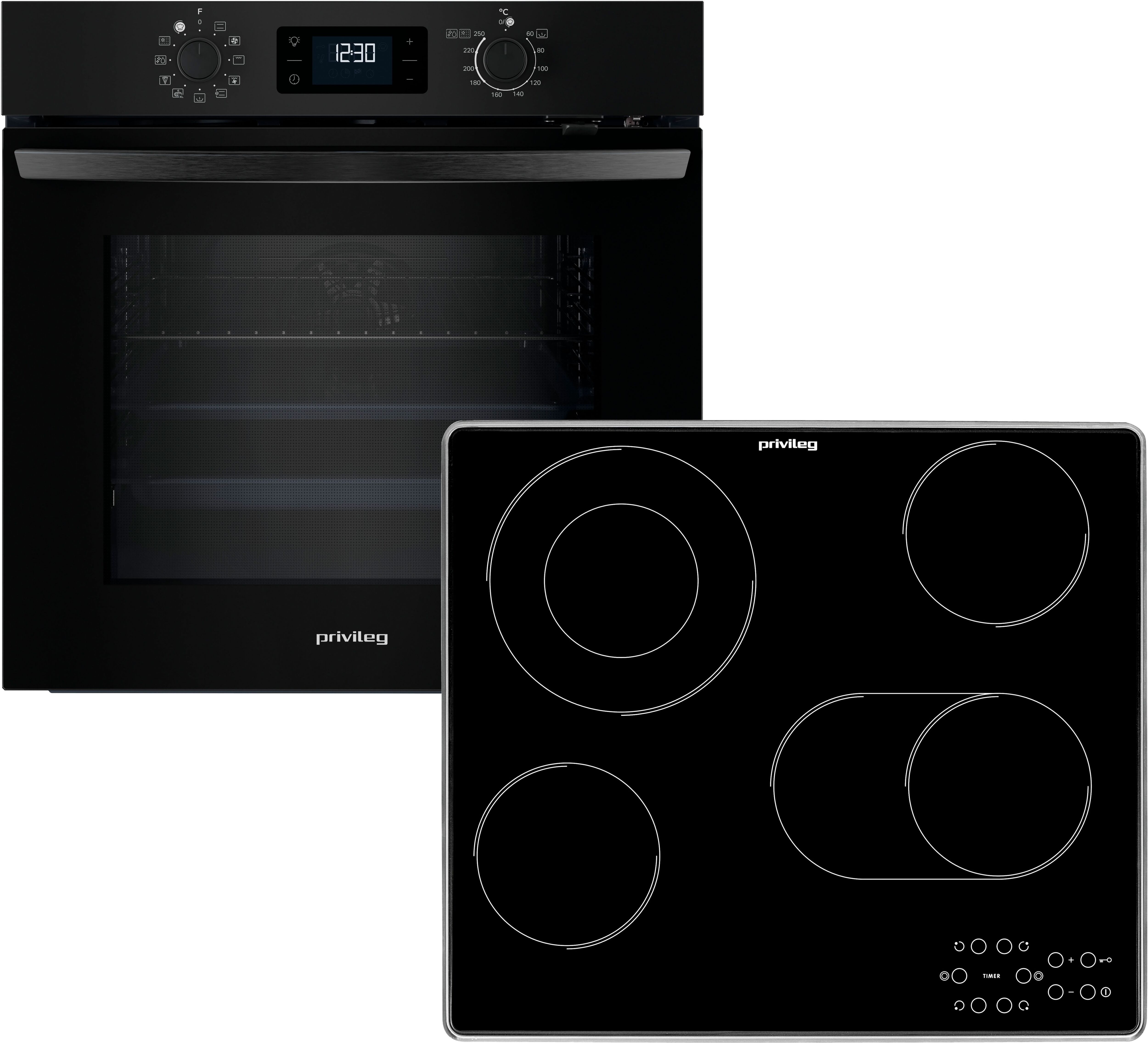 PRIVILEG Backofen-Set "BAKO Turn&Cook 455 BLACK", Energieeffizienz: A++, schwarz (schwarz glass, edelstahl), Herdsets, Hydrolyse & Pyrolyse - zwei Reinigungsfunktionen für jeden Bedarf, Backofen-Set