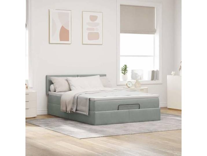 KTHLBRH Pouf Bett 140 x 200 cm Samt Hellgrau mit Kopfteil Hydraulische Matratze, Taschenfederkernmatratze, Unterbettkommode, inklusive Matratzenbezug