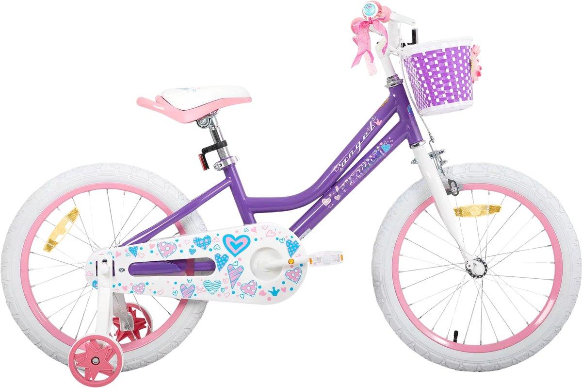 Kinderfahrrad Mädchen 18 Zoll (45 cm) - Mit Stützrädern, Korb, Handbremse & Ständer - Lila