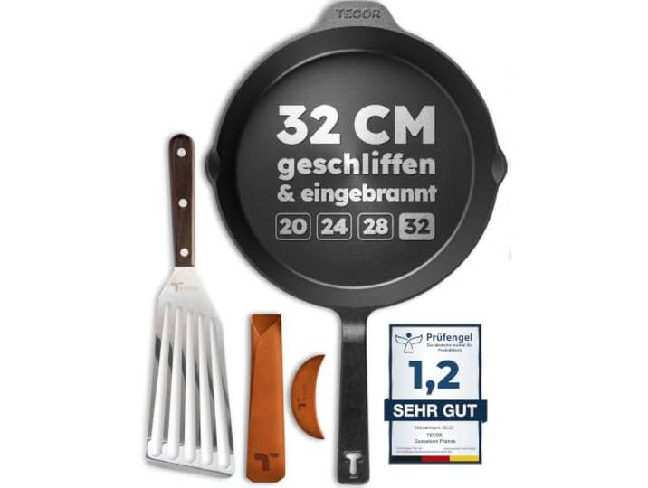 TECOR Gusseisenpfanne Induktion 32 cm geschliffen, universell, natürlich Langlebige Pfanne Gusseisen Induktion - Antihaft Gusspfanne Induktion 32 cm einfach top Qualität - Cast iron pan induction